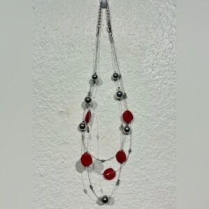 Vintage Red & Silver-toned Multi-strand Beaded Necklace